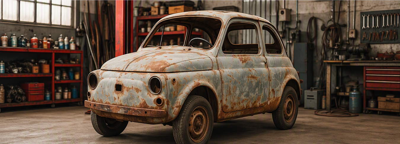 Fiat 500 d'epoca da restaurare in officina - ricambi 500line