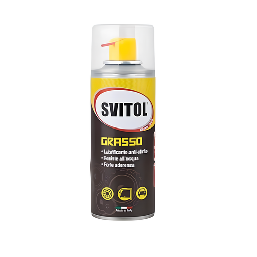 Svitol grasso lubrificante spray 200 ml cod.2323
Caratteristiche, in pillole:

Nuovo erogatore con cannuccia integrata
Elevata adesività, non cola
Elimina l’attrito ed è particolarmente utile nella fase di avviamento
Resiste all’acqua, salata e dolce
Resiste a temperature da -40°C a +170°C
Valvola 360°