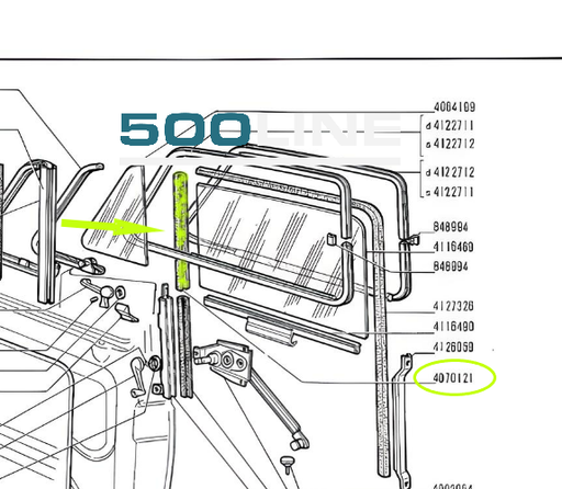 Canalino guarnizione anteriore vetro scendente destro e sinistro Fiat 500 d'epoca disegno