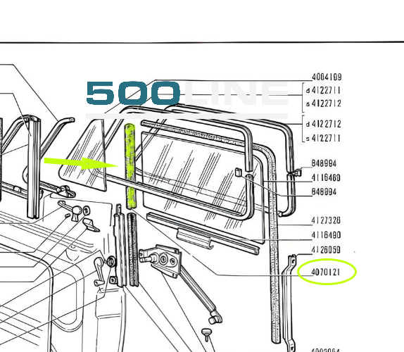 Canalino guarnizione anteriore vetro scendente destro e sinistro Fiat 500 d'epoca disegno