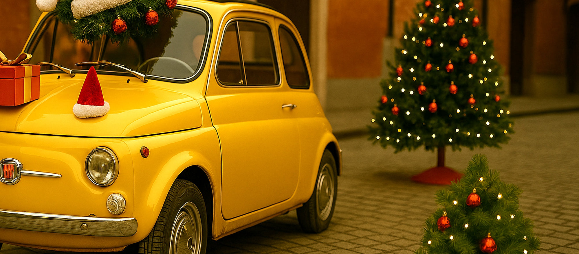 Fiat 500 gialla d’epoca con fregio originale e atmosfera natalizia. Scopri ricambi e accessori per restauri su 500line.it – qualità e passione per la tua auto storica