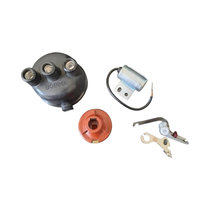 Kit completo Spinterogeno alta qualità per Fiat 500 N, D, F, L d'epoca, include spazzola rotante, calotta, punte platinate, e condensatore Magneti Marelli o Bosch, perfetto per restauro e manutenzione