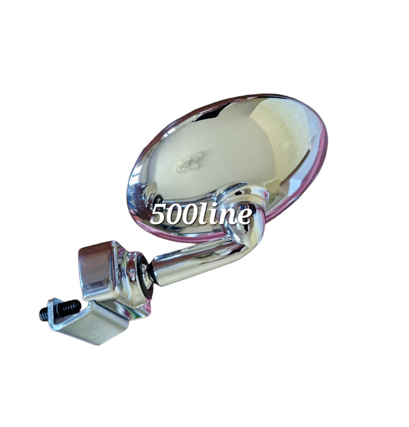 Platte chromen ronde klemspiegel voor Fiat 500 uit de jaren 50 met korte arm