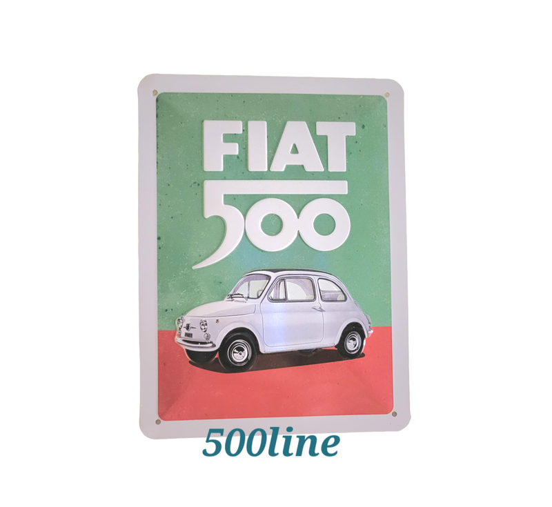 Targhetta insegna in metallo FIAT 500 con tricolore ITALIA