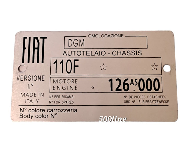 Placa de identificación de aluminio para Fiat 500 R de época de alta calidad