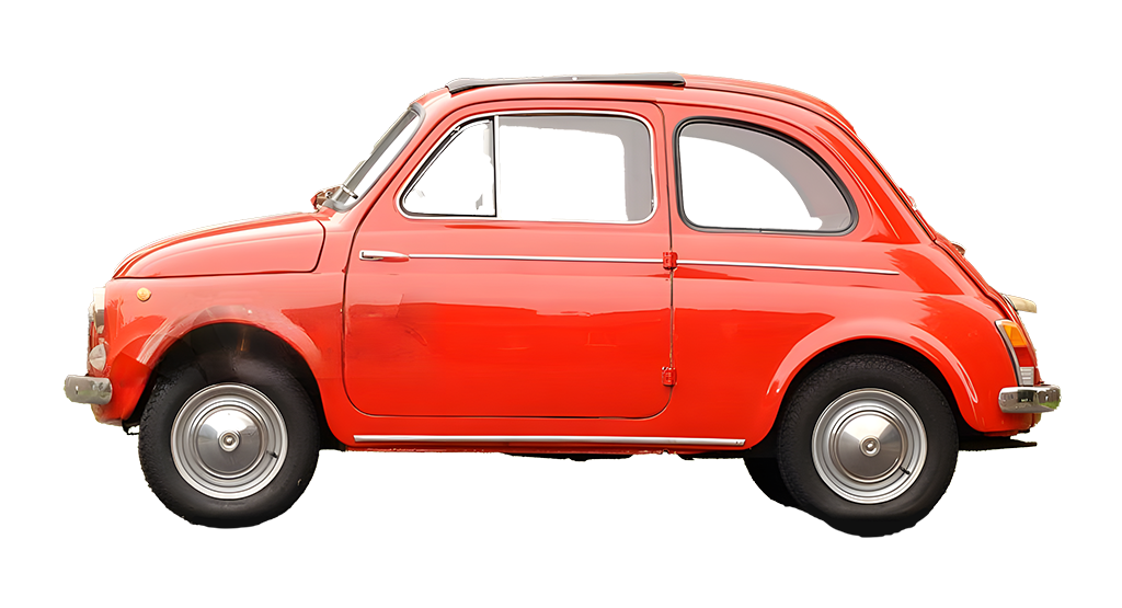 Fiat 500 D rosso corallo, un’auto d’epoca italiana iconica degli anni ’60, su sfondo bianco.