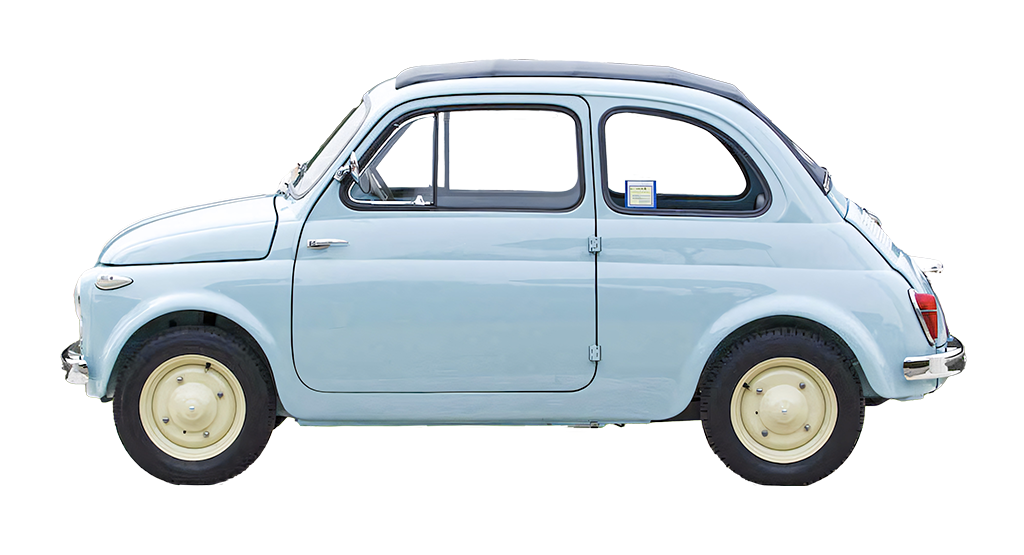 Fiat 500 N celeste, un’auto d’epoca italiana iconica degli anni ’50, su sfondo bianco.