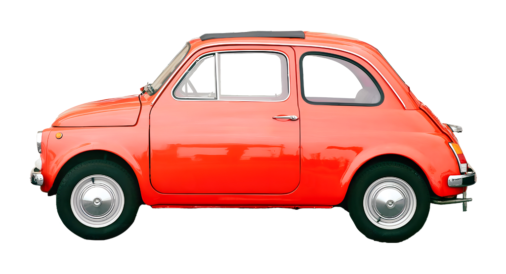 Fiat 500 R rosso corallo, un’auto d’epoca italiana iconica degli anni ’70, su sfondo bianco.
